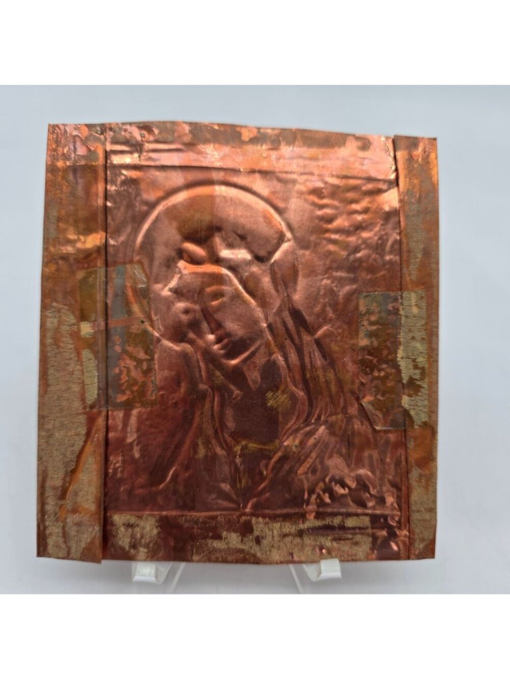 Copper Embossed Religious Artwork Signed KAH 86 Virgin Mary Design 4"x4.5" Panel - Picture 5 of 9